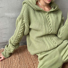 Women Hooded Long Sleeve Knitted Sweater