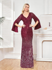 Long Sleeve Deep V Plunge Sequin Fishtail Evening Dress