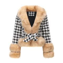 Women Plaid Detachable Short Fur Collar Houndstooth Coat