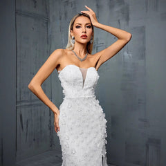 Elegant Beaded Embroidery V Neck White Evening Dress