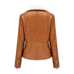 Women Fleece lined Long Sleeve Warm Fur Leather Jacket