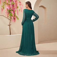 Elegant Long Sleeve Chiffon Lace Slit Formal Dress