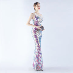 Elegant Floral Sequin Feather One Shoulder Evening Dress