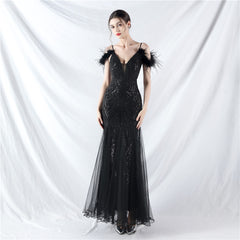 Elegant Ostrich Feather Mesh Sequin Evening Dress