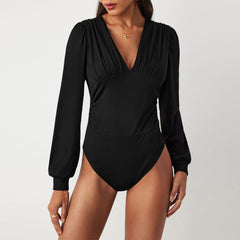 Women Sexy Slim Fit Long Sleeve V Neck Bodysuit