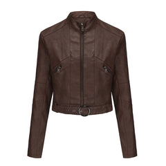 Women Long Sleeve Locomotive Leather Jacket