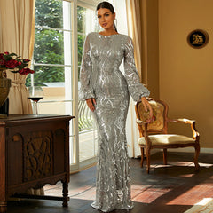 Elegant Long Sleeve Sequined Evening Dress