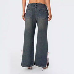 Loose Mid Waist Bow Side Slit Jeans