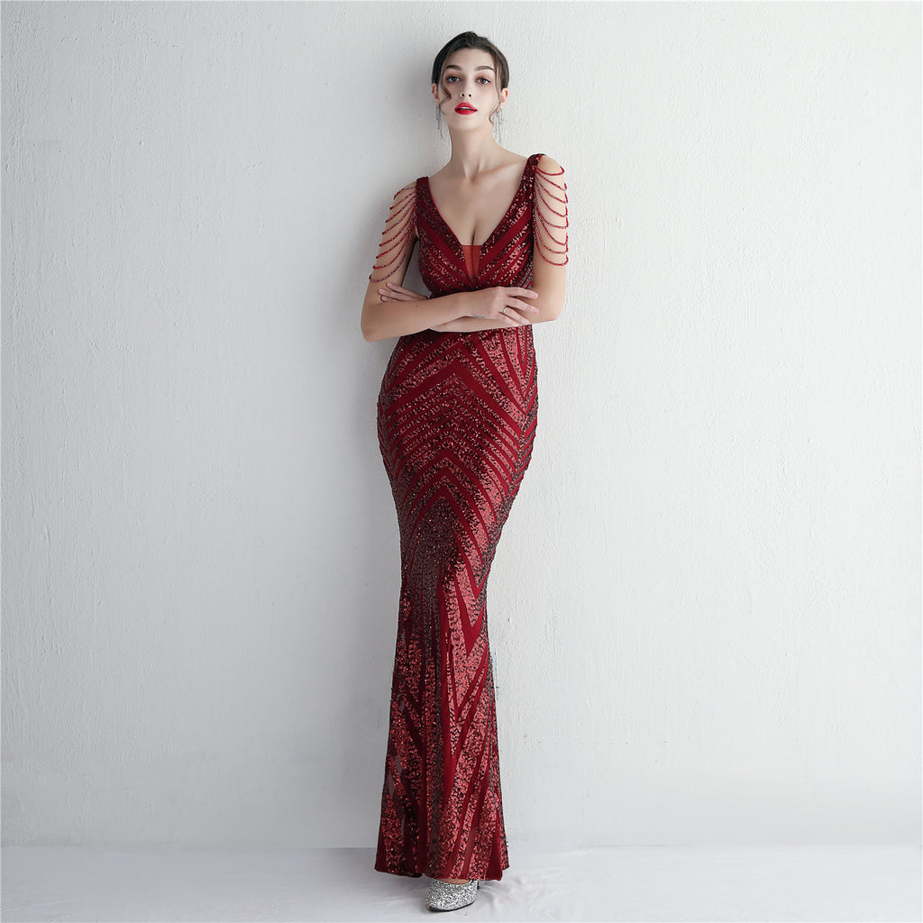 REVCHIC LUXE Elegant V-Neck Sequin Fringe Maxi Gown