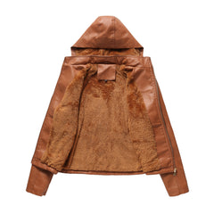 Women's Detachable Hat Hooded Fleece-Lined Leather Jacket