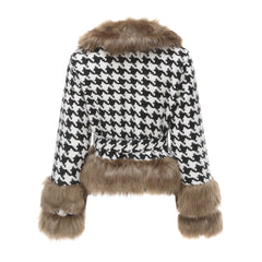 Women Plaid Detachable Short Fur Collar Houndstooth Coat