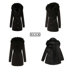 Women Fleece Lined Fur Collar Hooded Warm Jacket