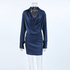 Blue Thin Satin Soft Matte Long-Sleeved Short-Day Dress