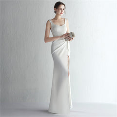 Satin Beaded Long Slit Formal Dress