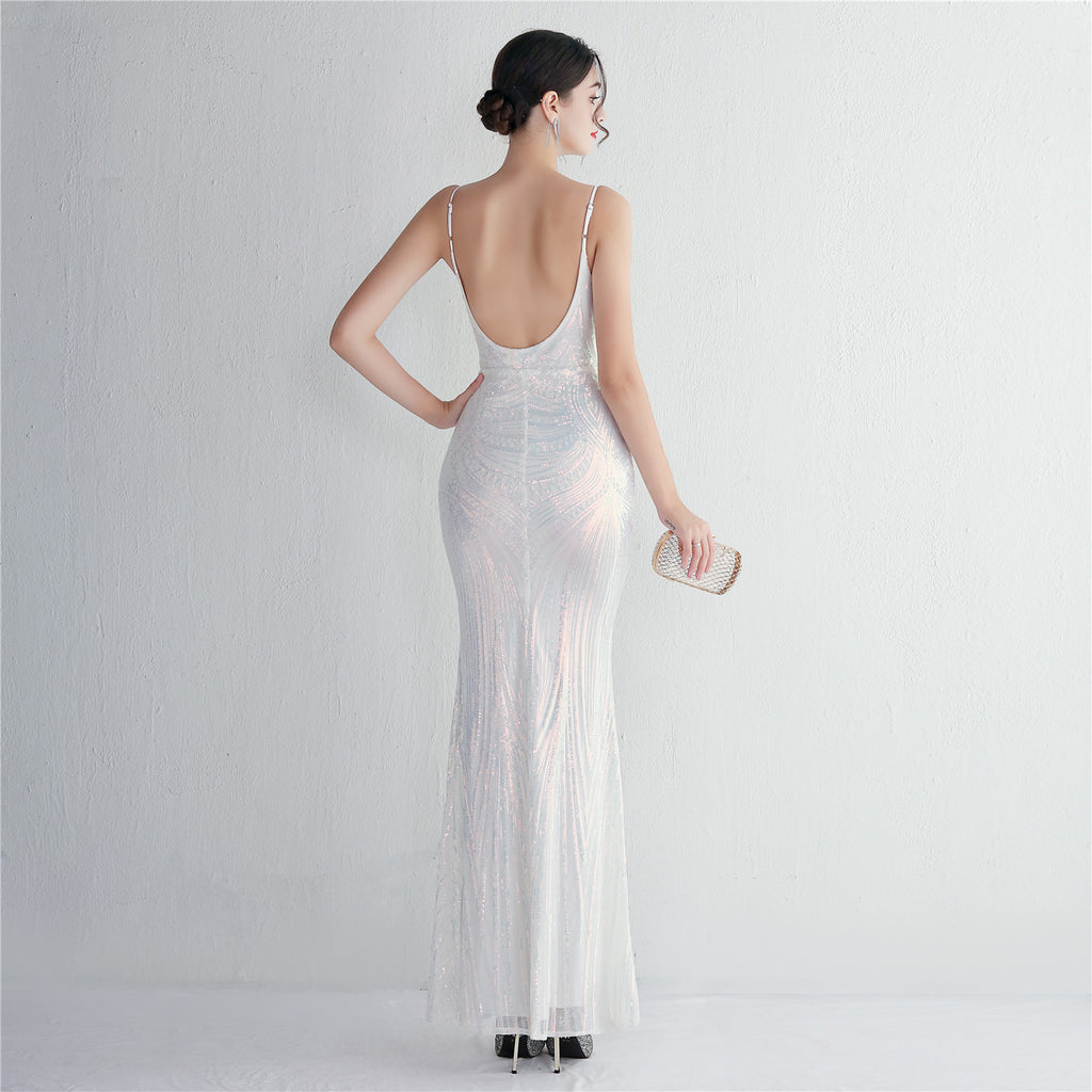 REVCHIC LUXE Elegant V-Neck Floral Sequin Sleeveless Formal Gown