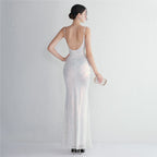 REVCHIC LUXE Elegant V-Neck Floral Sequin Sleeveless Formal Gown