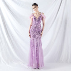 Elegant Ostrich Feather Mesh Sequin Evening Dress