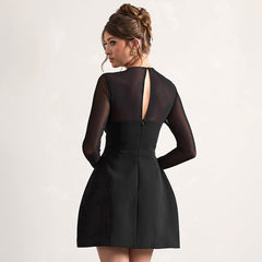 Women Mesh Stitching Black Short Day Dress