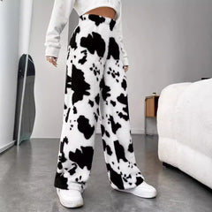 Cow Pattern High Waist Casual Furry Trousers