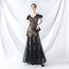 Craft Order Ostrich Hair Sequin Stitching Mesh High End Evening Dress