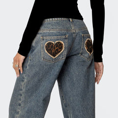 Leopard Pattern Pocket Low Waist Wide Leg Casual Jeans