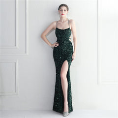 Elegant Velvet Bottom Sequin Halter Evening Dress