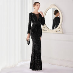 Elegant Long Sleeve Sequined Fishtail Evening Dress