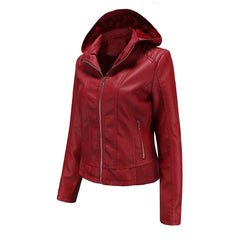 Women's Detachable Hat Hooded Fleece-Lined Leather Jacket