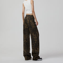 Retro Wide Leg Leopard Print Loose Wide Leg Jeans