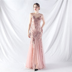 Elegant Sequin V-Neck Mesh Camisole Evening Dress