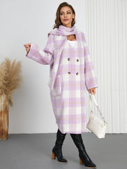 Women Plaid Woolen Elegant Double-Breasted Scarf Coat