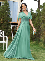 Elegant Chiffon Flared Sleeves Green Evening Dress