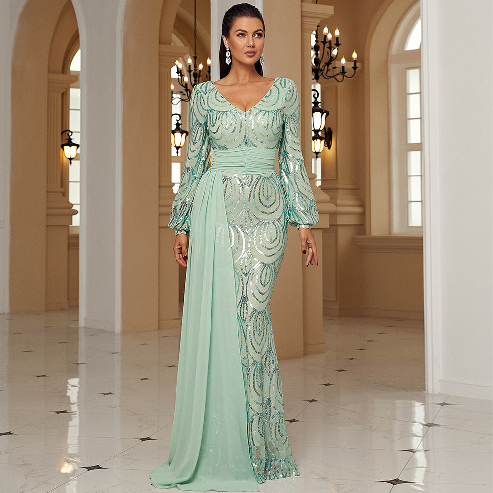 Long Sleeve Sequined V Neck Cocktail Evening Dress