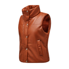 Women Leather Sleeveless Quilted Cotton Padded Jacket