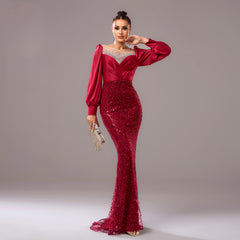 Long Sleeve Round Neck Rhinestone Sequined Evening Dress