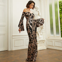 Long Sleeves Graphic Sequined Evening Dress