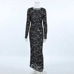 Sexy Brocade Lace Long Sleeve See through Black Formal Dress