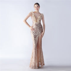 Elegant Feather Beaded Long Sequined Evening Dress