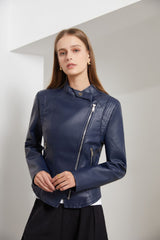 Women Slim-Fit Faux Leather Collared Leather Jacket