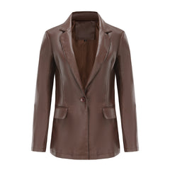 Long Sleeved Single Button Casual Leather Coat