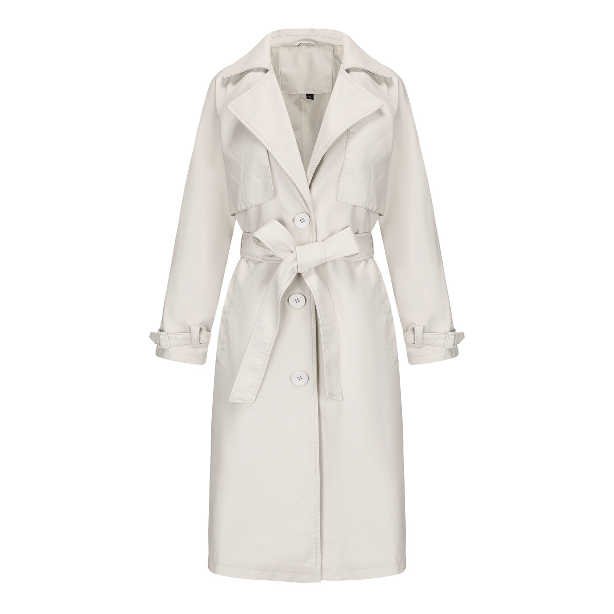 Women Long Belted Faux Leather Trench Coat