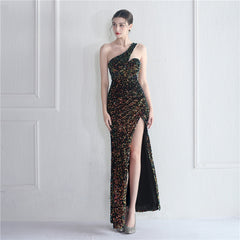 Elegant Velvet Bottom Sequin One Shoulder Evening Dress