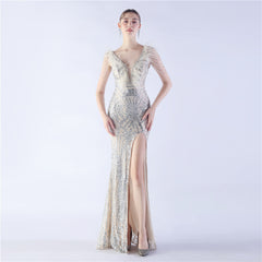 Elegant Feather Beaded Long Sequined Evening Dress