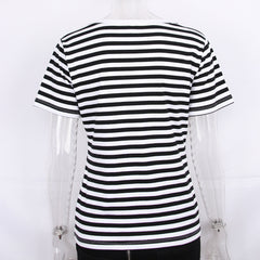 Summer Printed Striped Cotton Short Sleeved T Shirt