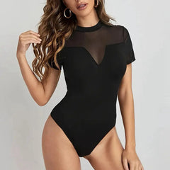 Elegant Black Short Sleeve Mesh Patchwork Bodysuit