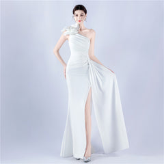 Elegant Leaf One Shoulder Craft Beaded Rhinestone Evening Dress