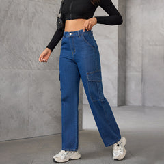 Women Washed High Waist Straight Multi Bag Jeans