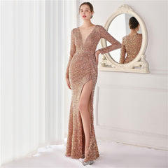 Elegant Long Sleeve Sequined Fishtail Evening Dress