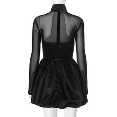 Elegant Charming Black Satin Turtleneck Transparent Sleeve Mini Dress