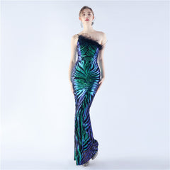 Elegant Floral Sequin Feather One Shoulder Evening Dress